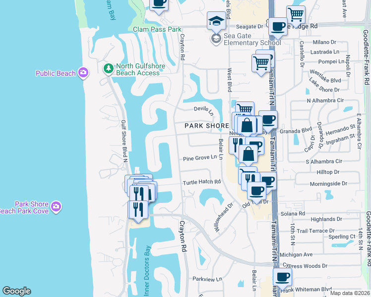 map of restaurants, bars, coffee shops, grocery stores, and more near 4230 Crayton Road in Naples