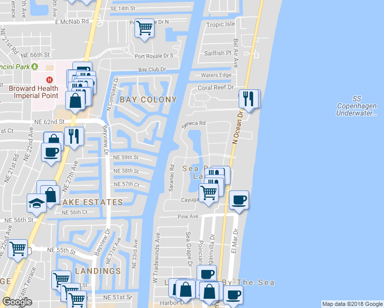 map of restaurants, bars, coffee shops, grocery stores, and more near 17 Gatehouse Road in Sea Ranch Lakes