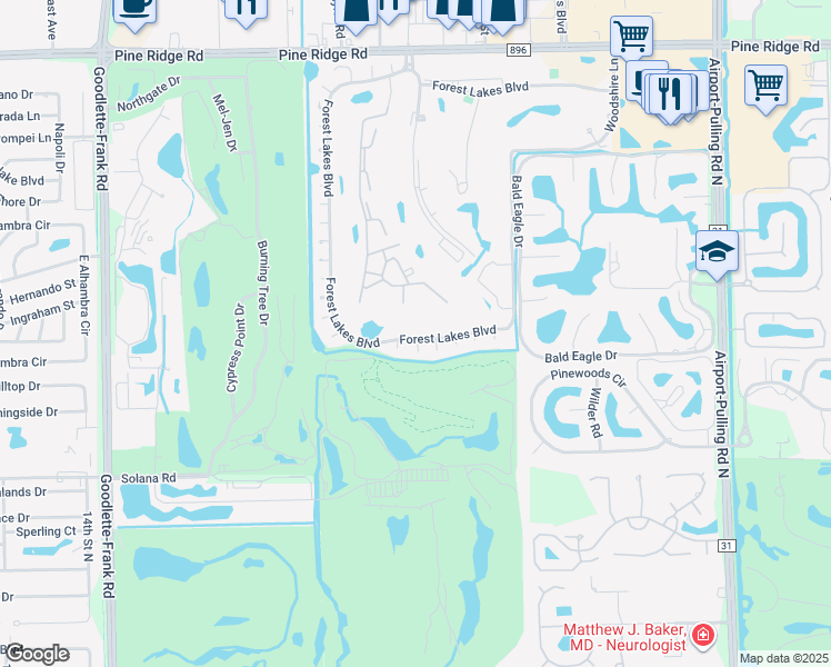 map of restaurants, bars, coffee shops, grocery stores, and more near 1208 Forest Lakes Boulevard in Naples