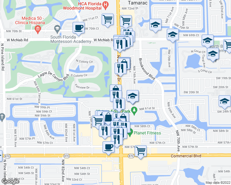 map of restaurants, bars, coffee shops, grocery stores, and more near 8301 North University Drive in Tamarac