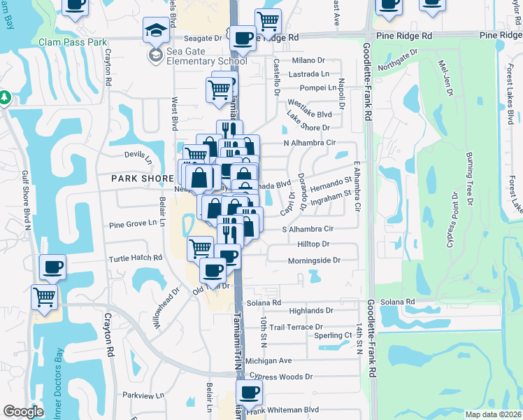 map of restaurants, bars, coffee shops, grocery stores, and more near 4516 West Alhambra Circle in Naples