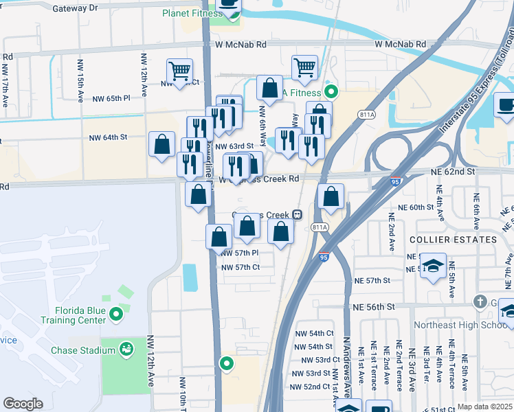 map of restaurants, bars, coffee shops, grocery stores, and more near 6001 Northwest 6th Way in Fort Lauderdale