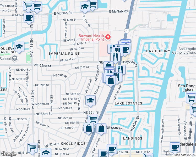 map of restaurants, bars, coffee shops, grocery stores, and more near 5950 Northeast 22nd Avenue in Fort Lauderdale