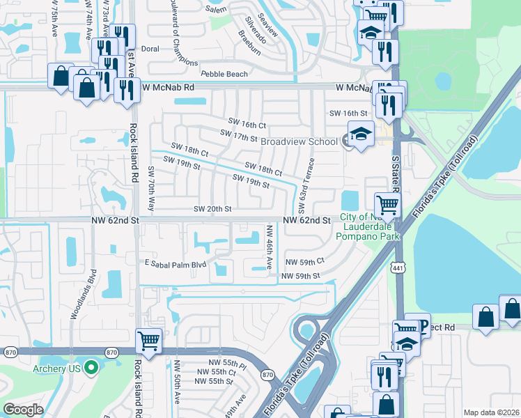 map of restaurants, bars, coffee shops, grocery stores, and more near 6601 Southwest 20th Street in North Lauderdale