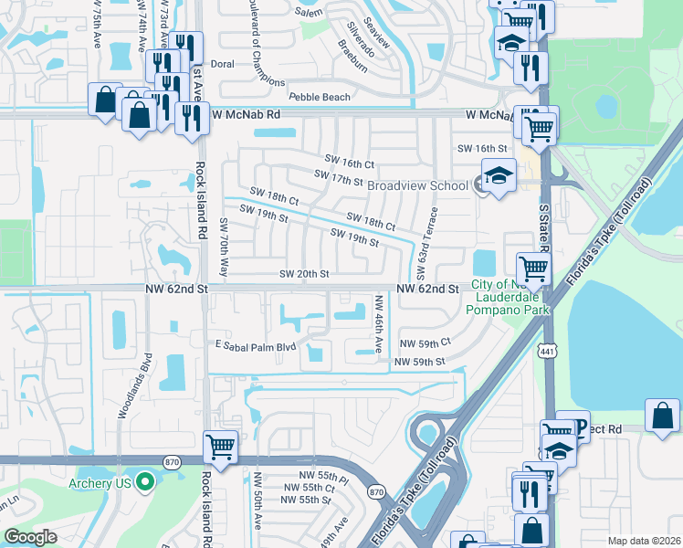 map of restaurants, bars, coffee shops, grocery stores, and more near 1949 Southwest 67th Avenue in North Lauderdale