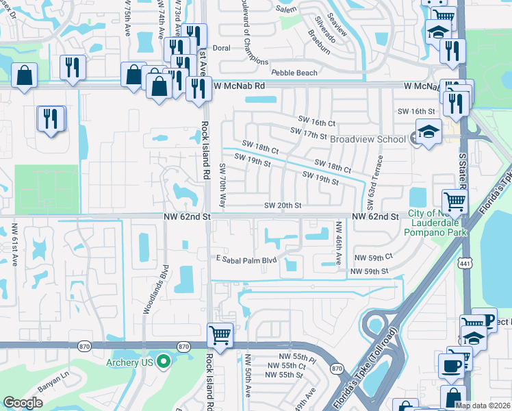 map of restaurants, bars, coffee shops, grocery stores, and more near 6873 Southwest 20th Street in Pompano Beach