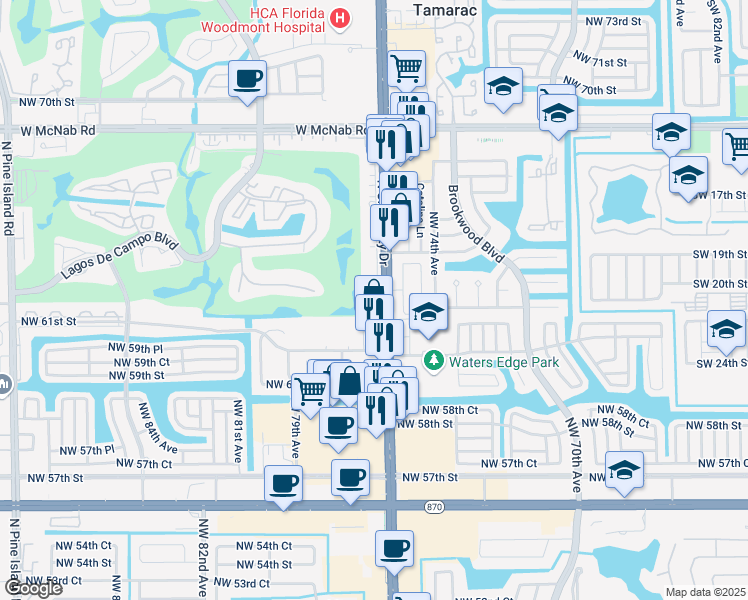 map of restaurants, bars, coffee shops, grocery stores, and more near 8301 North University Drive in Tamarac