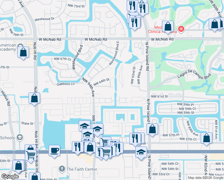 map of restaurants, bars, coffee shops, grocery stores, and more near 9253 Wedgewood Lane in Tamarac