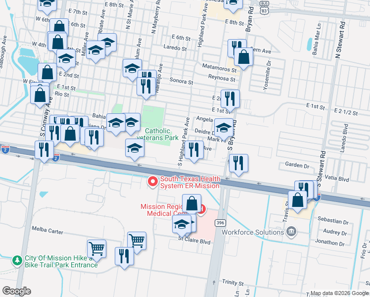 map of restaurants, bars, coffee shops, grocery stores, and more near 400 Cory Drive in Mission