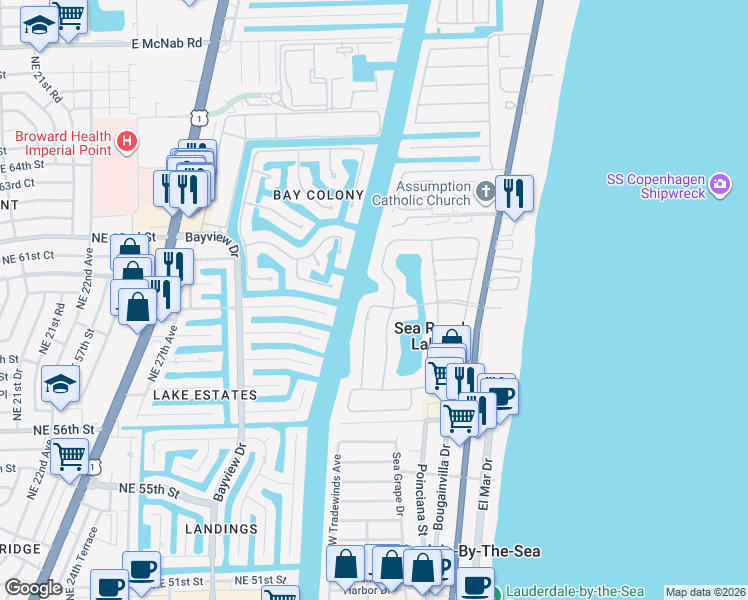 map of restaurants, bars, coffee shops, grocery stores, and more near 21 Gatehouse Road in Sea Ranch Lakes