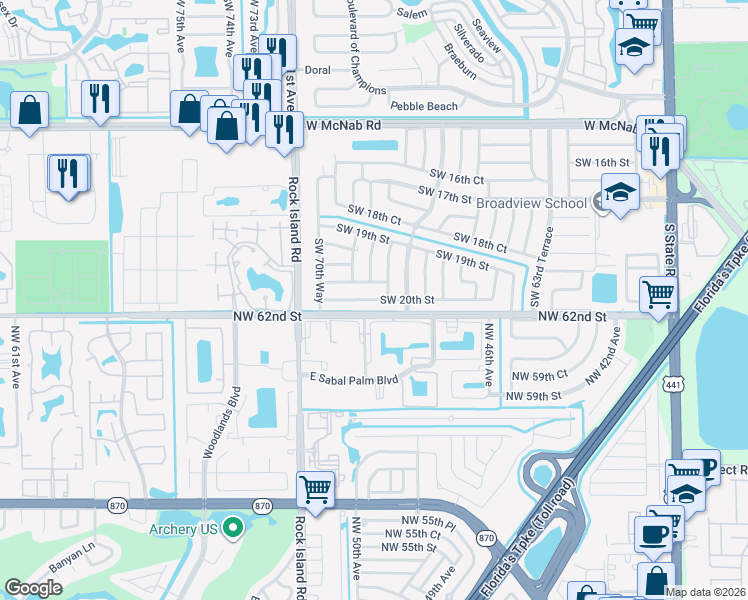 map of restaurants, bars, coffee shops, grocery stores, and more near 6873 Southwest 20th Street in Pompano Beach