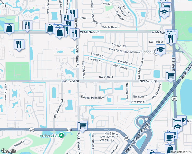 map of restaurants, bars, coffee shops, grocery stores, and more near 6873 Southwest 20th Street in Pompano Beach