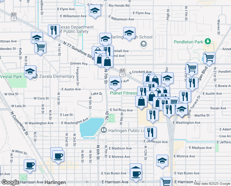 map of restaurants, bars, coffee shops, grocery stores, and more near 700 East Austin Avenue in Harlingen