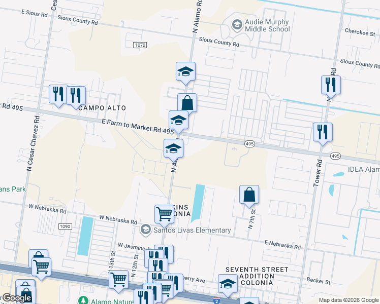 map of restaurants, bars, coffee shops, grocery stores, and more near 932 North Alamo Road in Alamo