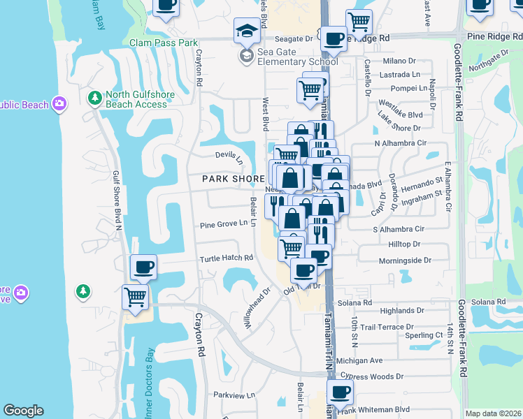 map of restaurants, bars, coffee shops, grocery stores, and more near 600 Neapolitan Way in Naples