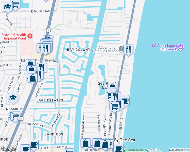 map of restaurants, bars, coffee shops, grocery stores, and more near 21 Gatehouse Road in Sea Ranch Lakes