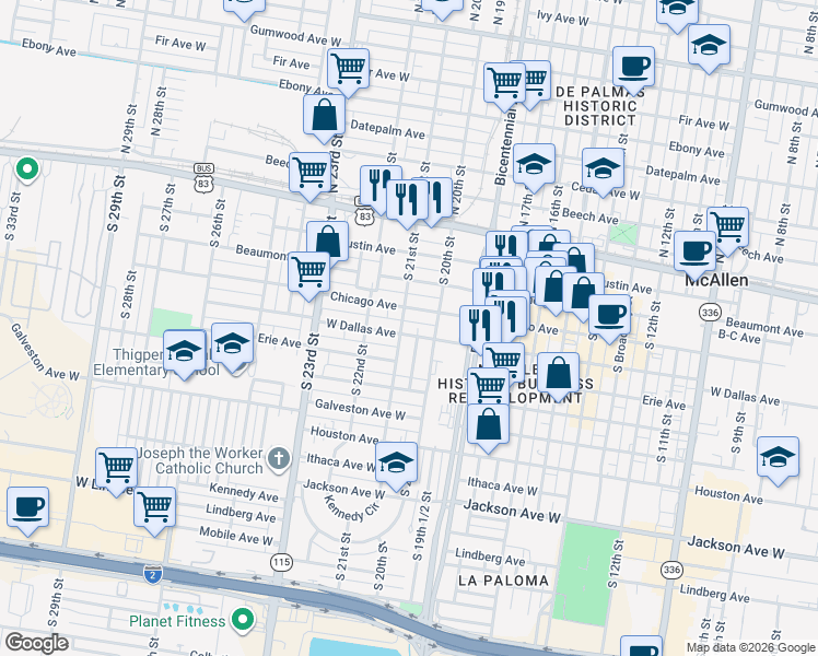 map of restaurants, bars, coffee shops, grocery stores, and more near 314 South 21st Street in McAllen