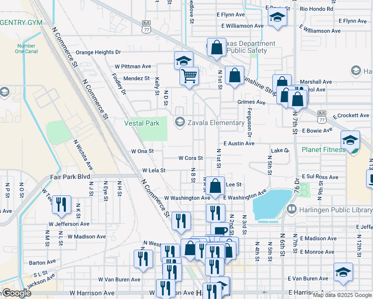 map of restaurants, bars, coffee shops, grocery stores, and more near 301-307 West Ona Street in Harlingen