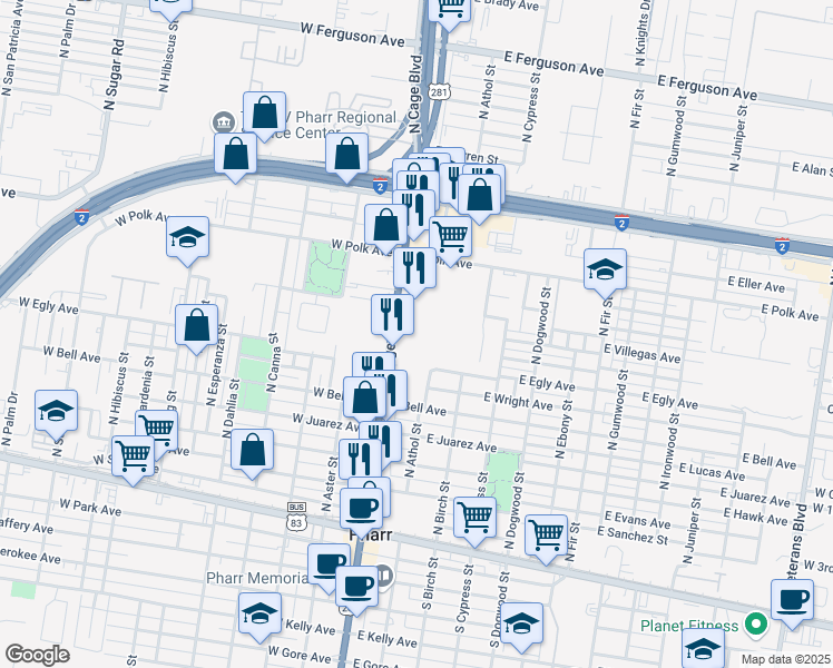 map of restaurants, bars, coffee shops, grocery stores, and more near 724 North Cage Boulevard in Pharr