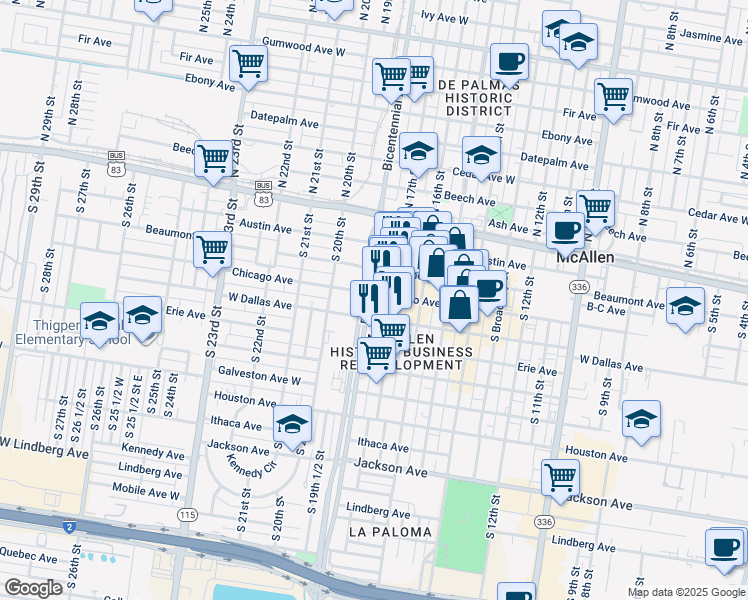 map of restaurants, bars, coffee shops, grocery stores, and more near 303 South Bicentennial Boulevard in McAllen