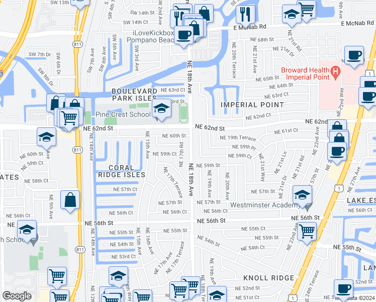 map of restaurants, bars, coffee shops, grocery stores, and more near 5951 Northeast 18th Terrace in Fort Lauderdale