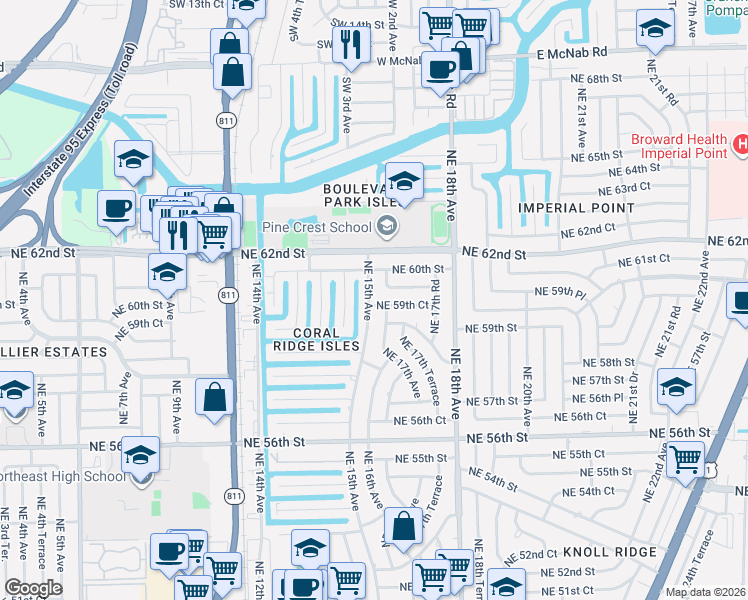 map of restaurants, bars, coffee shops, grocery stores, and more near 5900 Northeast 15th Avenue in Fort Lauderdale