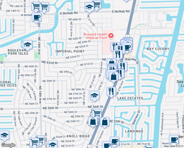map of restaurants, bars, coffee shops, grocery stores, and more near 2175 Northeast 59th Court in Fort Lauderdale