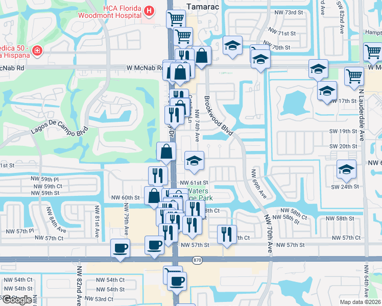 map of restaurants, bars, coffee shops, grocery stores, and more near 6304 Northwest 74th Avenue in Tamarac