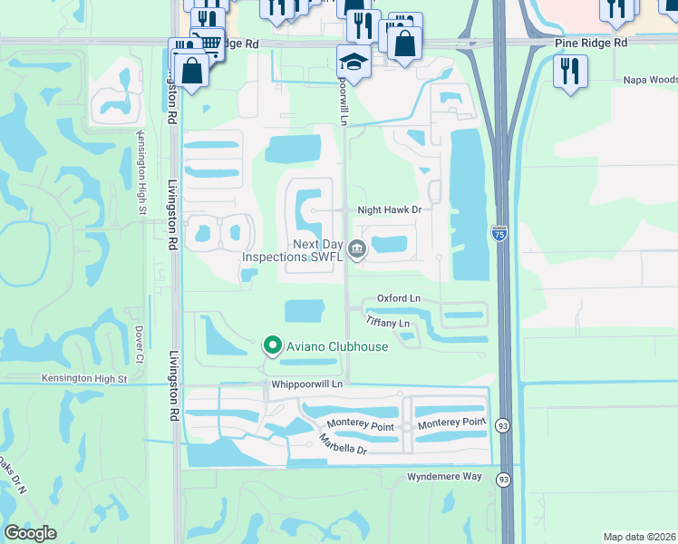 map of restaurants, bars, coffee shops, grocery stores, and more near 1626 Serrano Circle in Naples