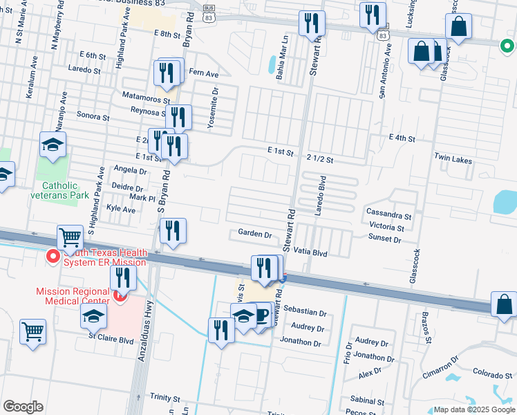 map of restaurants, bars, coffee shops, grocery stores, and more near 206 North Stewart Road in Mission