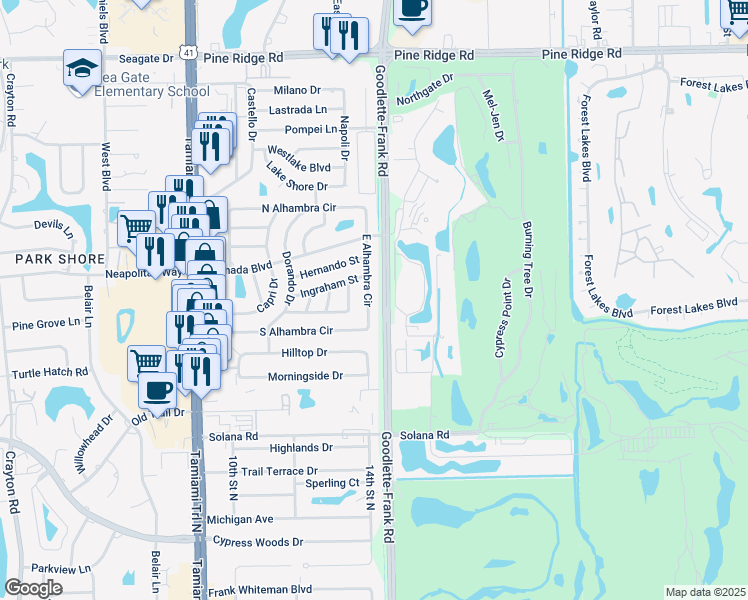 map of restaurants, bars, coffee shops, grocery stores, and more near 4502 East Alhambra Circle in Naples