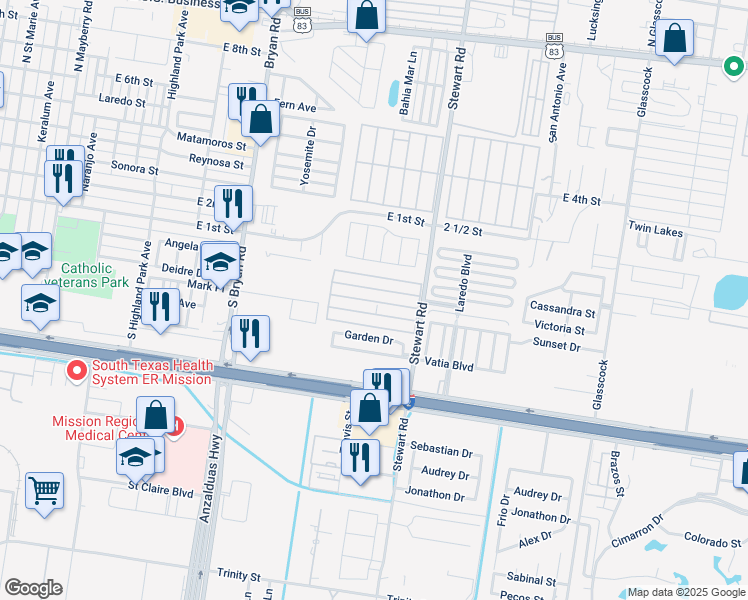 map of restaurants, bars, coffee shops, grocery stores, and more near 206 North Stewart Road in Mission
