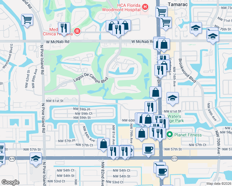 map of restaurants, bars, coffee shops, grocery stores, and more near 8020 Fairview Drive in Tamarac