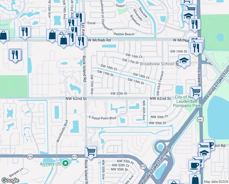 map of restaurants, bars, coffee shops, grocery stores, and more near 1981 Southwest 68th Avenue in North Lauderdale