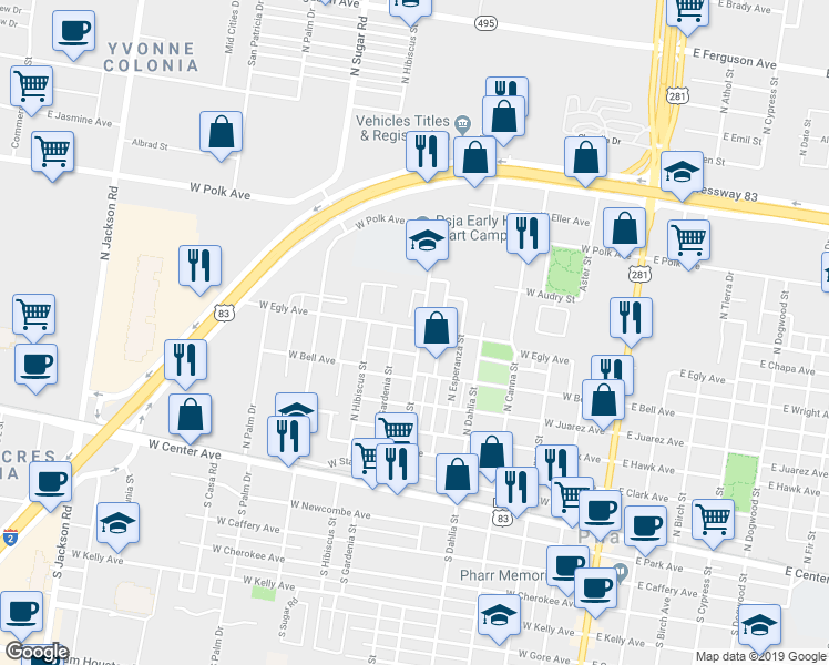 map of restaurants, bars, coffee shops, grocery stores, and more near 707 West Egly Avenue in Pharr