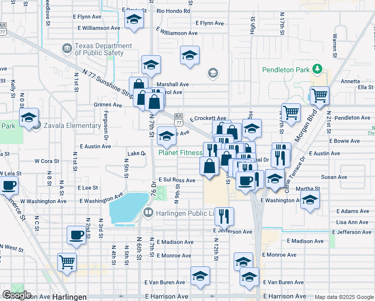 map of restaurants, bars, coffee shops, grocery stores, and more near 916 East Austin Avenue in Harlingen