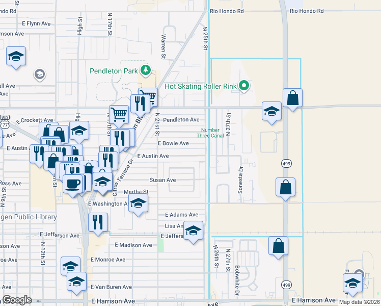 map of restaurants, bars, coffee shops, grocery stores, and more near 2325 East Austin Avenue in Harlingen