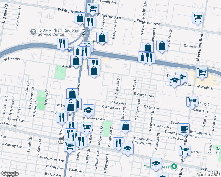 map of restaurants, bars, coffee shops, grocery stores, and more near 803 North Cypress Street in Pharr