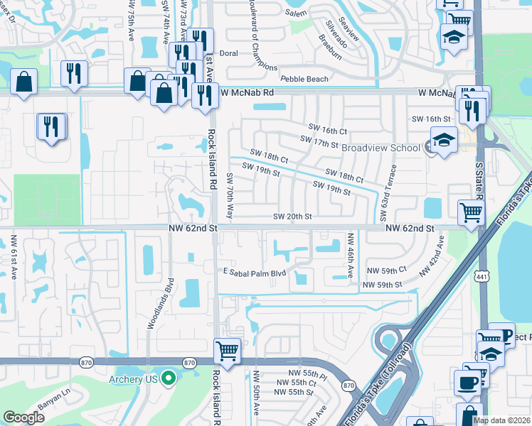 map of restaurants, bars, coffee shops, grocery stores, and more near 6873 Southwest 20th Street in Pompano Beach
