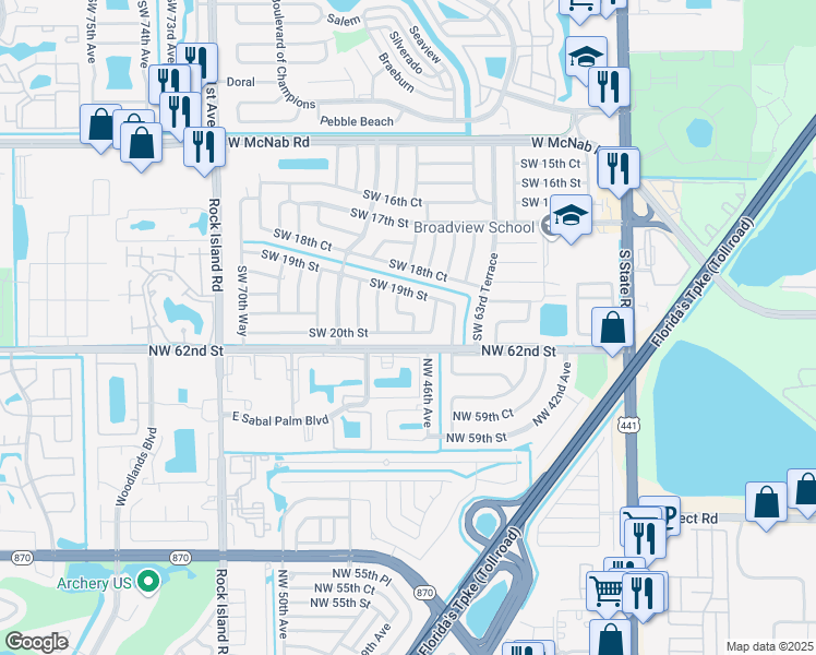 map of restaurants, bars, coffee shops, grocery stores, and more near 6601 Southwest 20th Street in North Lauderdale