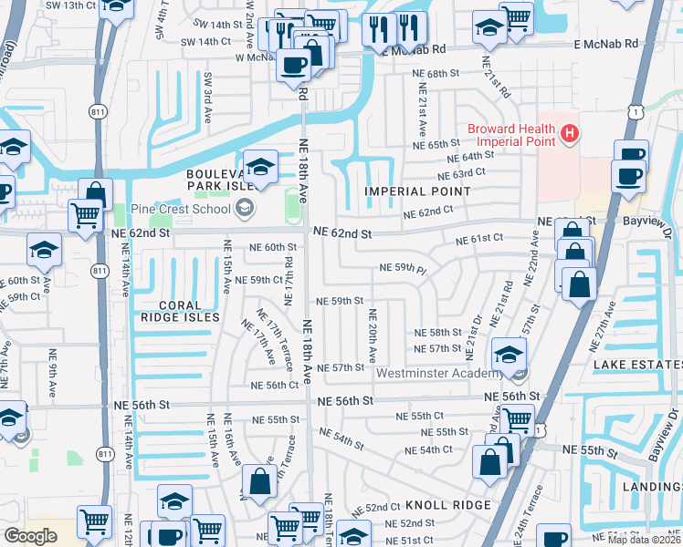 map of restaurants, bars, coffee shops, grocery stores, and more near 1910 Northeast 19th Avenue in Fort Lauderdale