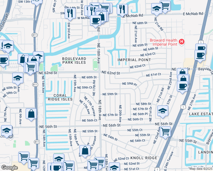 map of restaurants, bars, coffee shops, grocery stores, and more near 5951 Northeast 18th Terrace in Fort Lauderdale