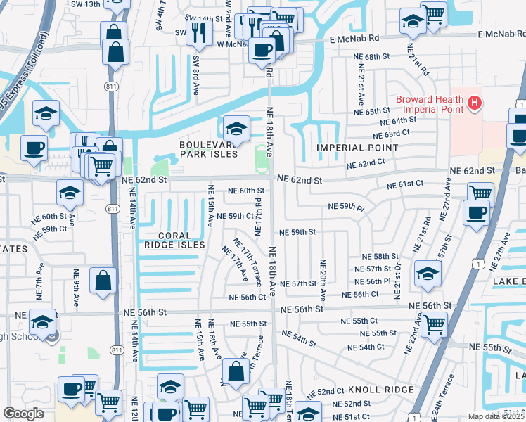 map of restaurants, bars, coffee shops, grocery stores, and more near 1650 Northeast 59th Place in Fort Lauderdale