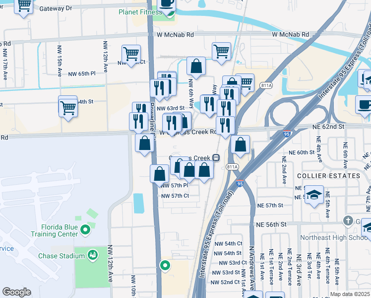 map of restaurants, bars, coffee shops, grocery stores, and more near 6001 Northwest 6th Way in Fort Lauderdale