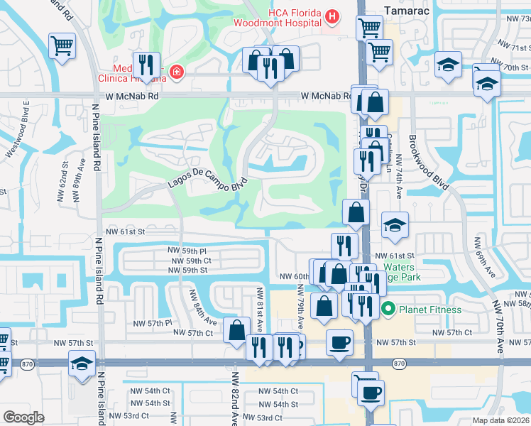 map of restaurants, bars, coffee shops, grocery stores, and more near 8020 Fairview Drive in Tamarac