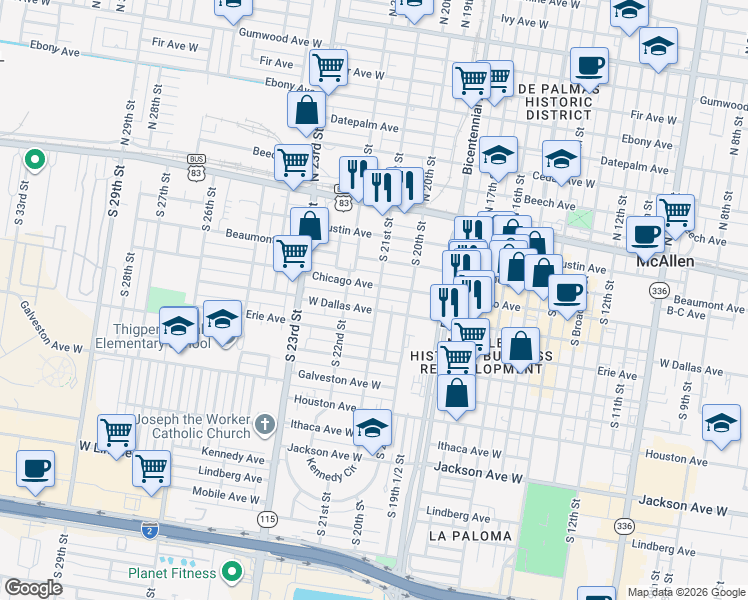 map of restaurants, bars, coffee shops, grocery stores, and more near 314 South 21st Street in McAllen