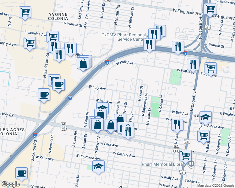 map of restaurants, bars, coffee shops, grocery stores, and more near 515 N Hibiscus St in Pharr