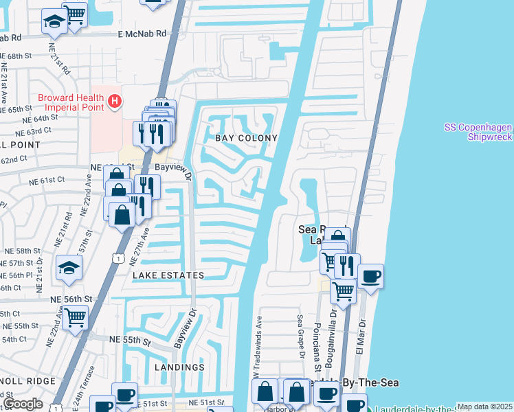 map of restaurants, bars, coffee shops, grocery stores, and more near 80 Bay Colony Lane in Fort Lauderdale