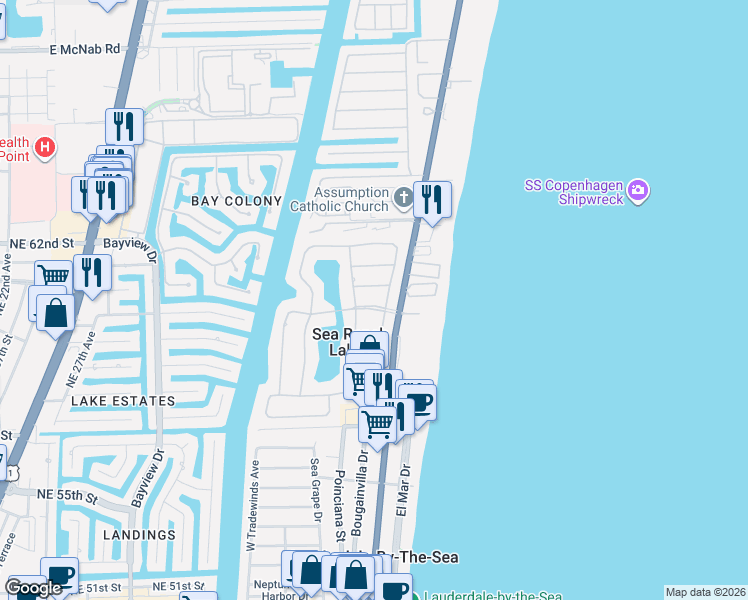 map of restaurants, bars, coffee shops, grocery stores, and more near 9 Gatehouse Road in Sea Ranch Lakes