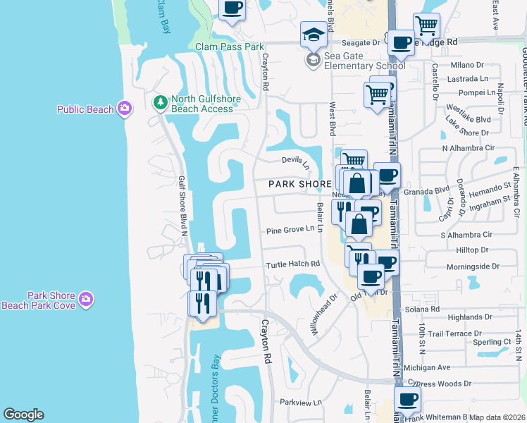 map of restaurants, bars, coffee shops, grocery stores, and more near 4230 Crayton Road in Naples